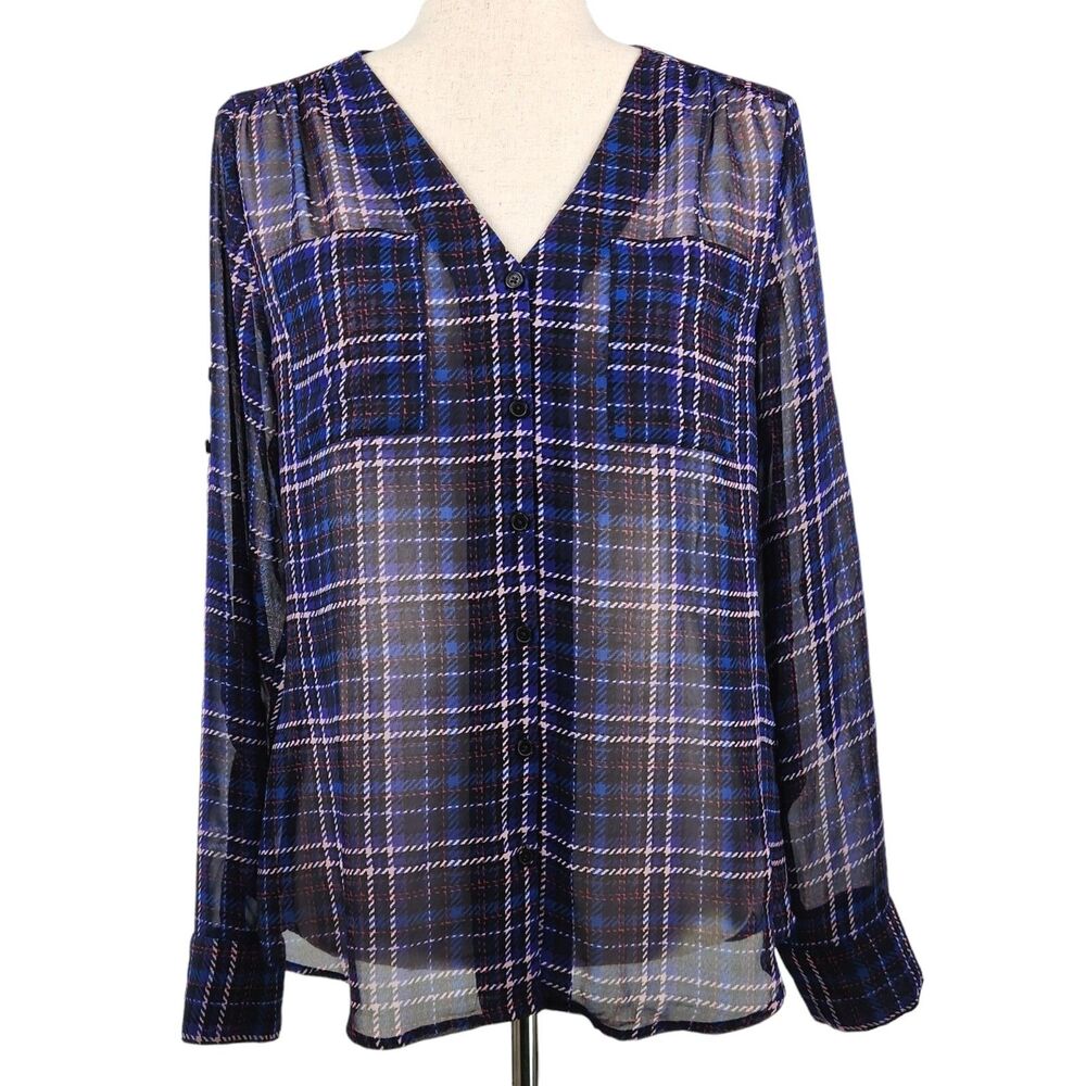 Express Womens Sheer Button Up‎ Tunic Blouse Small Blue Plaid Preppy Academia